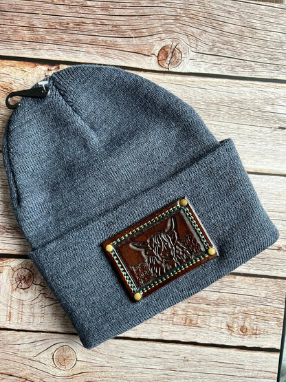 HAND TOOLED LEATHER PATCH BEANIE | MULTIPLE OPTIONS
